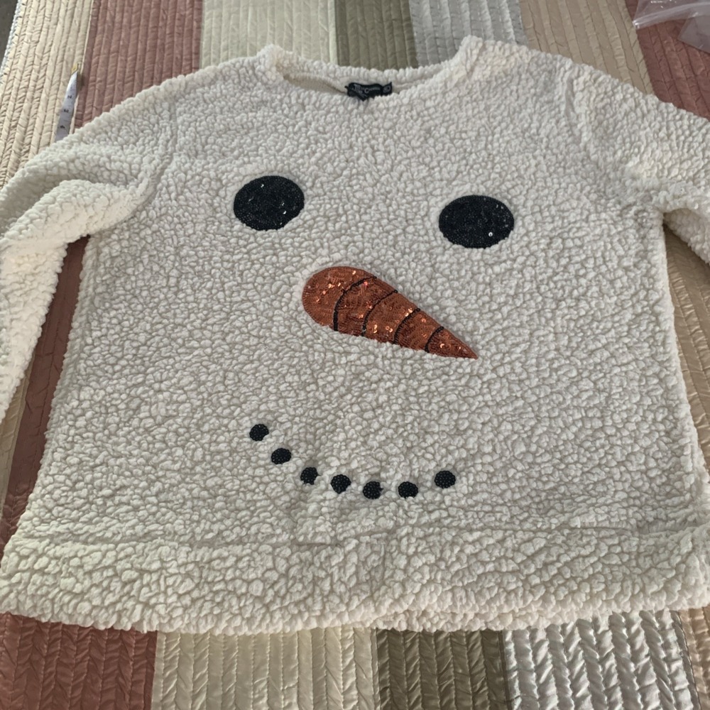 Miss Chievous Snowman Sequin Face Faux Sherpa Pullover Sweater Women's XL